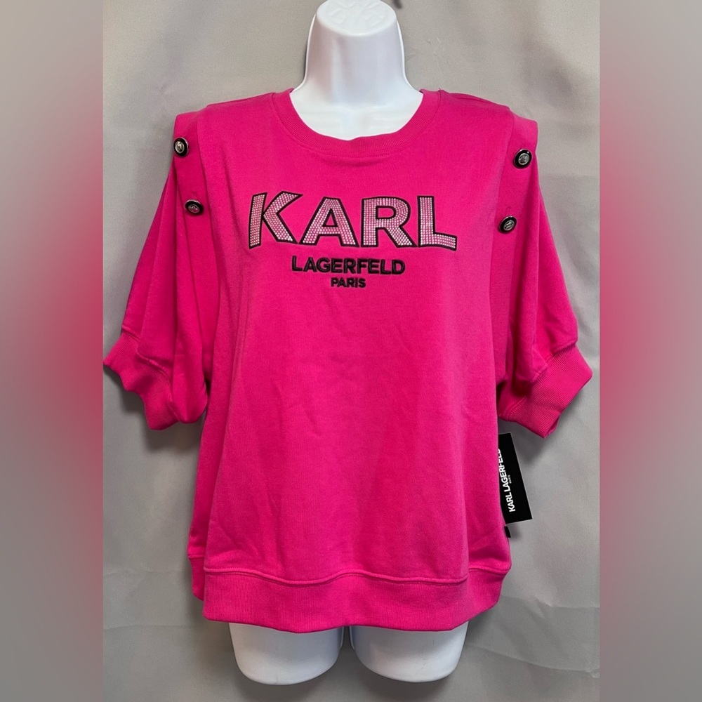 NEW NWT Karl Lagerfeld PARIS Pink Logo Bling Sweatshirt Top Women's Medium